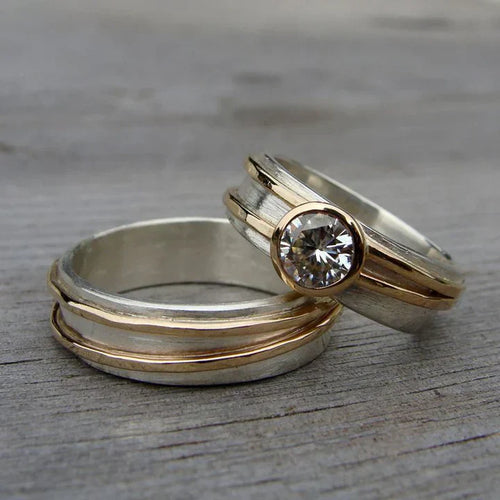 Ensemble de bagues vintage en or et argent avec zirconia