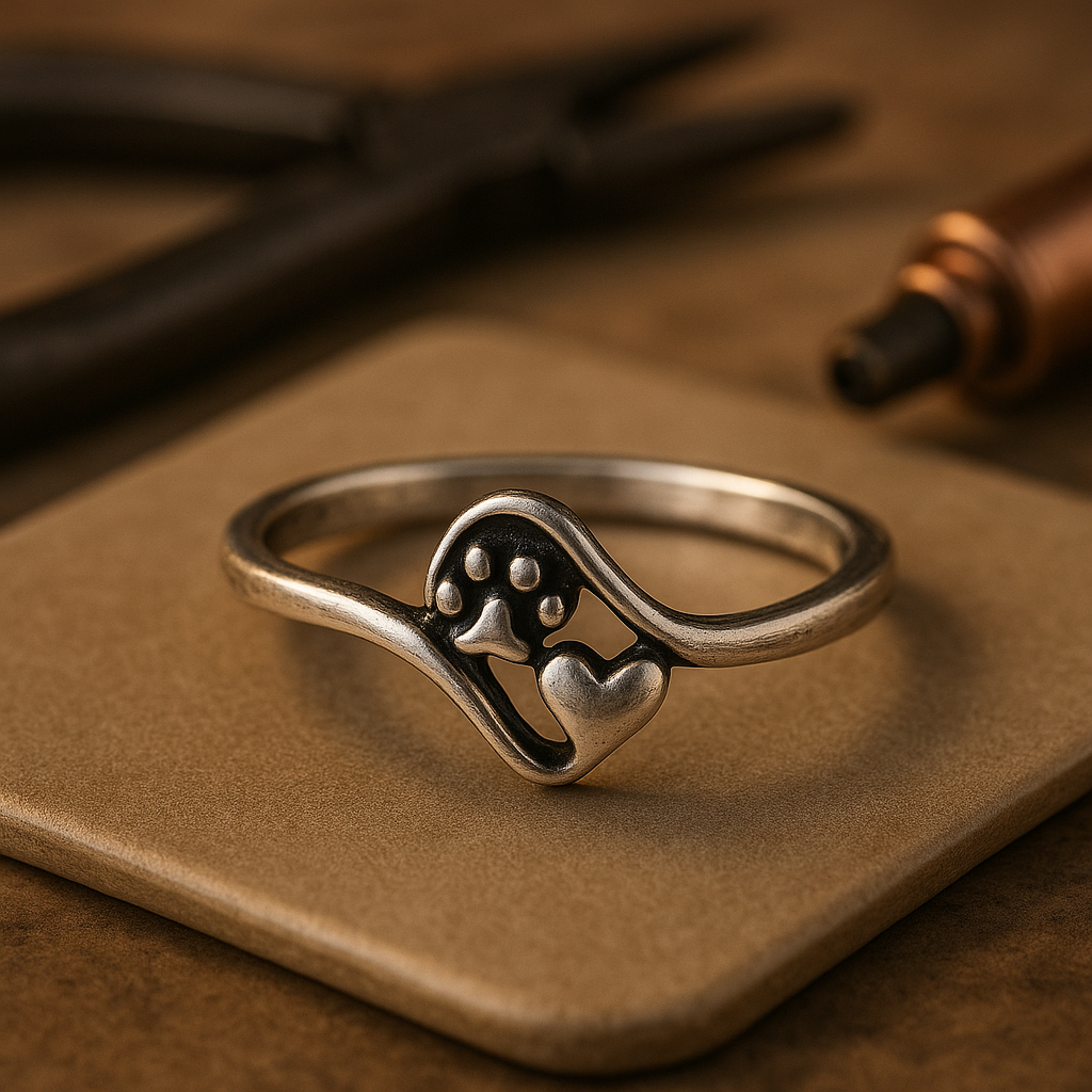 Bague Vintage En Argent Avec Empreinte de Patte et Motif Cœur