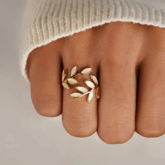 Pur - Bague Ajustable en Opale Blanche en Feuille